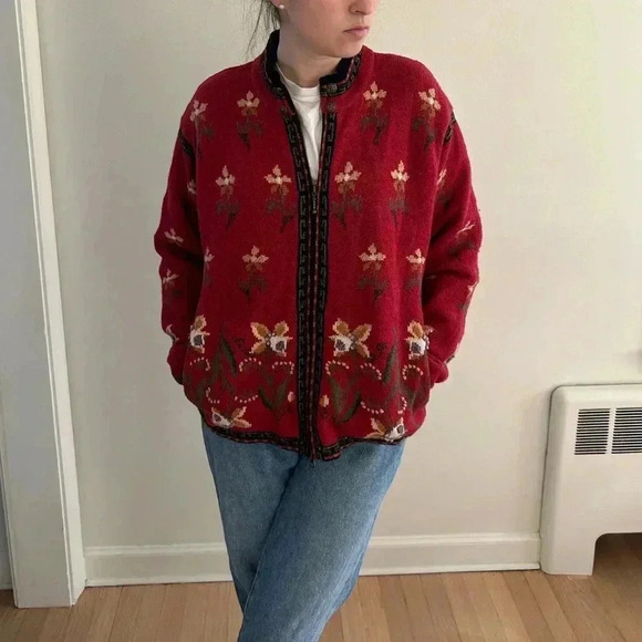 VTG ICELANDIC DESIGN Wool zip up lined oversized sweater jacket sz M - Picture 2 of 11